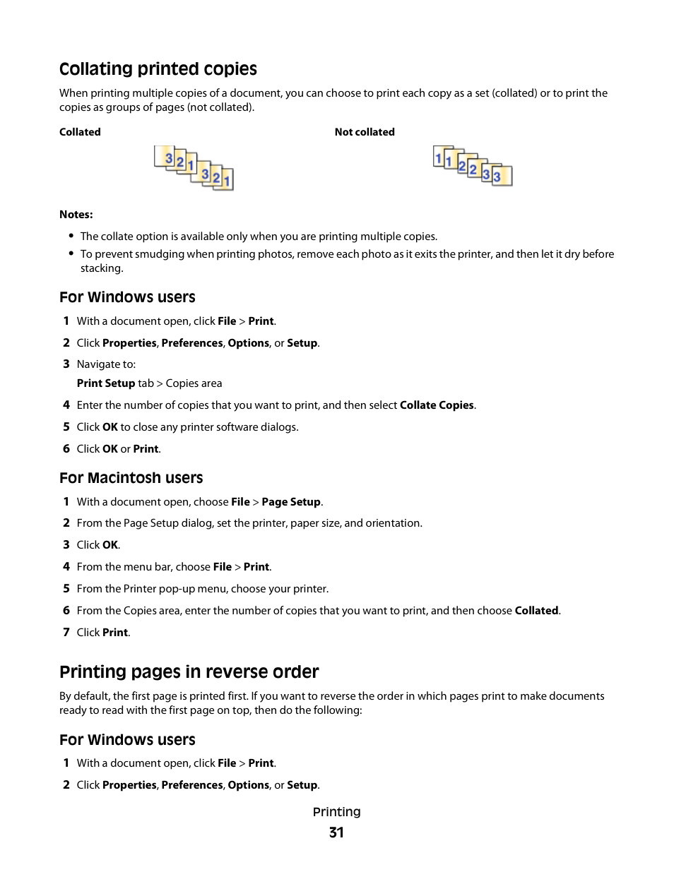 Collating printed copies, Printing pages in reverse order | Dell P513w All In One Photo Printer User Manual | Page 31 / 134