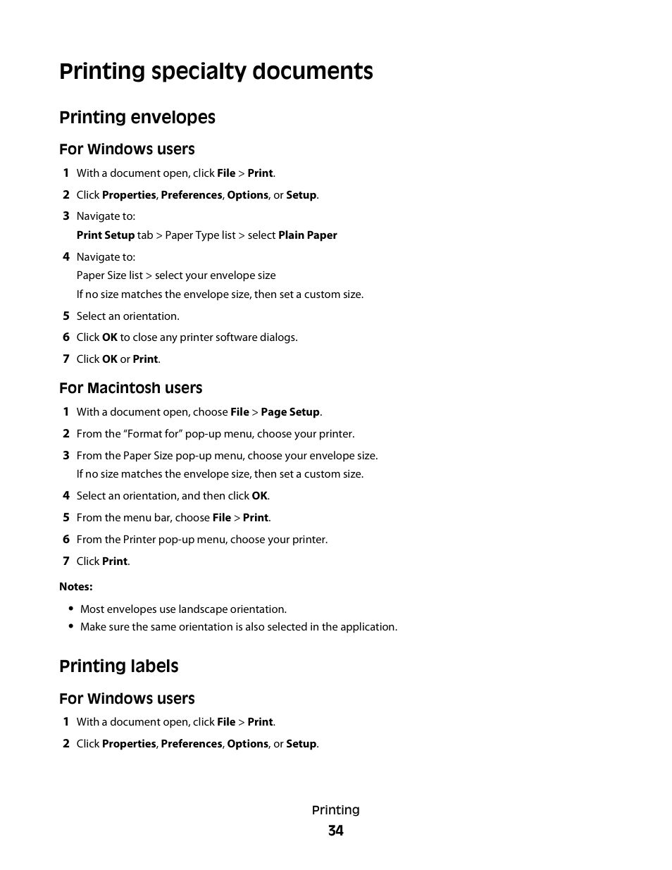 Printing specialty documents, Printing envelopes, Printing labels | Dell P513w All In One Photo Printer User Manual | Page 34 / 134