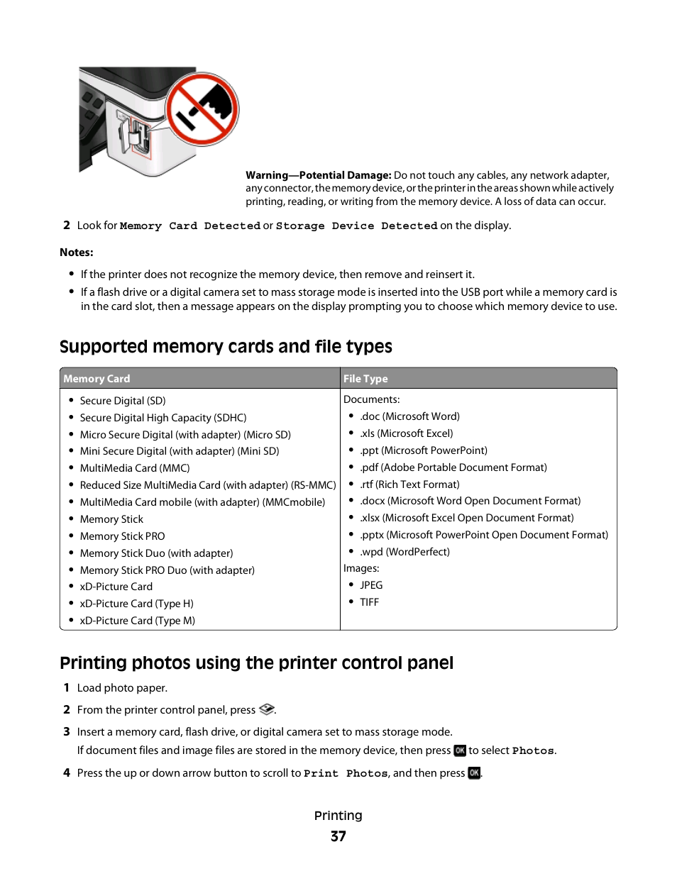 Supported memory cards and file types, Printing photos using the printer control panel | Dell P513w All In One Photo Printer User Manual | Page 37 / 134