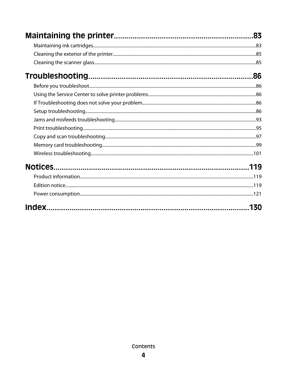 Maintaining the printer, Troubleshooting, Notices | Index | Dell P513w All In One Photo Printer User Manual | Page 4 / 134