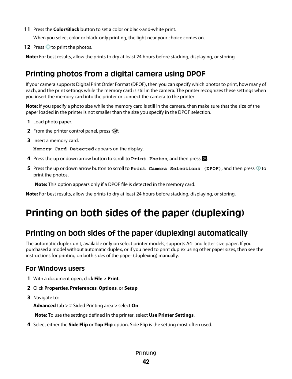 Printing photos from a digital camera using dpof, Printing on both sides of the paper (duplexing) | Dell P513w All In One Photo Printer User Manual | Page 42 / 134