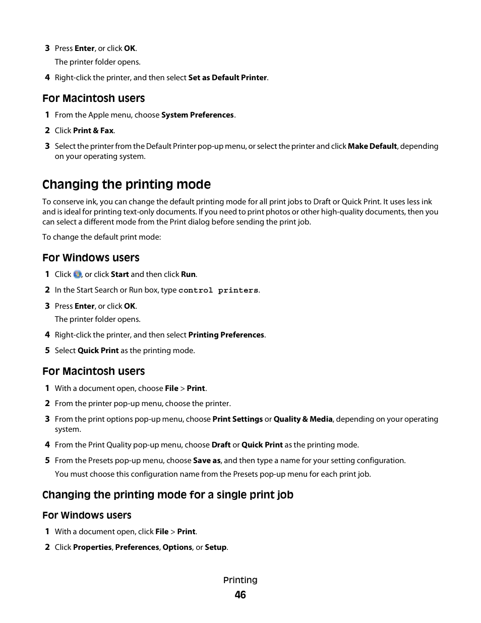 Changing the printing mode | Dell P513w All In One Photo Printer User Manual | Page 46 / 134