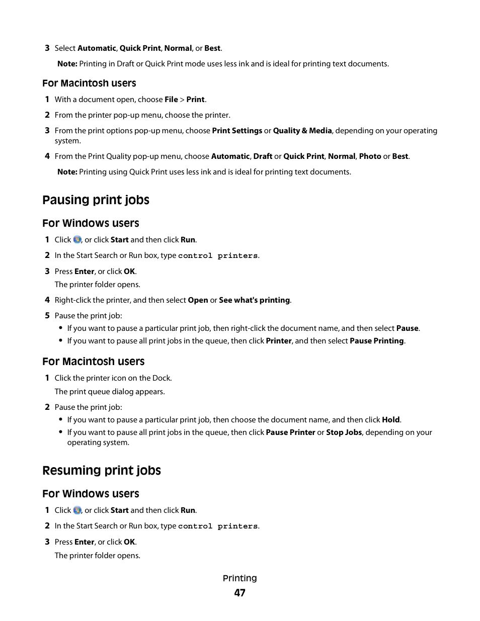 Pausing print jobs, Resuming print jobs | Dell P513w All In One Photo Printer User Manual | Page 47 / 134