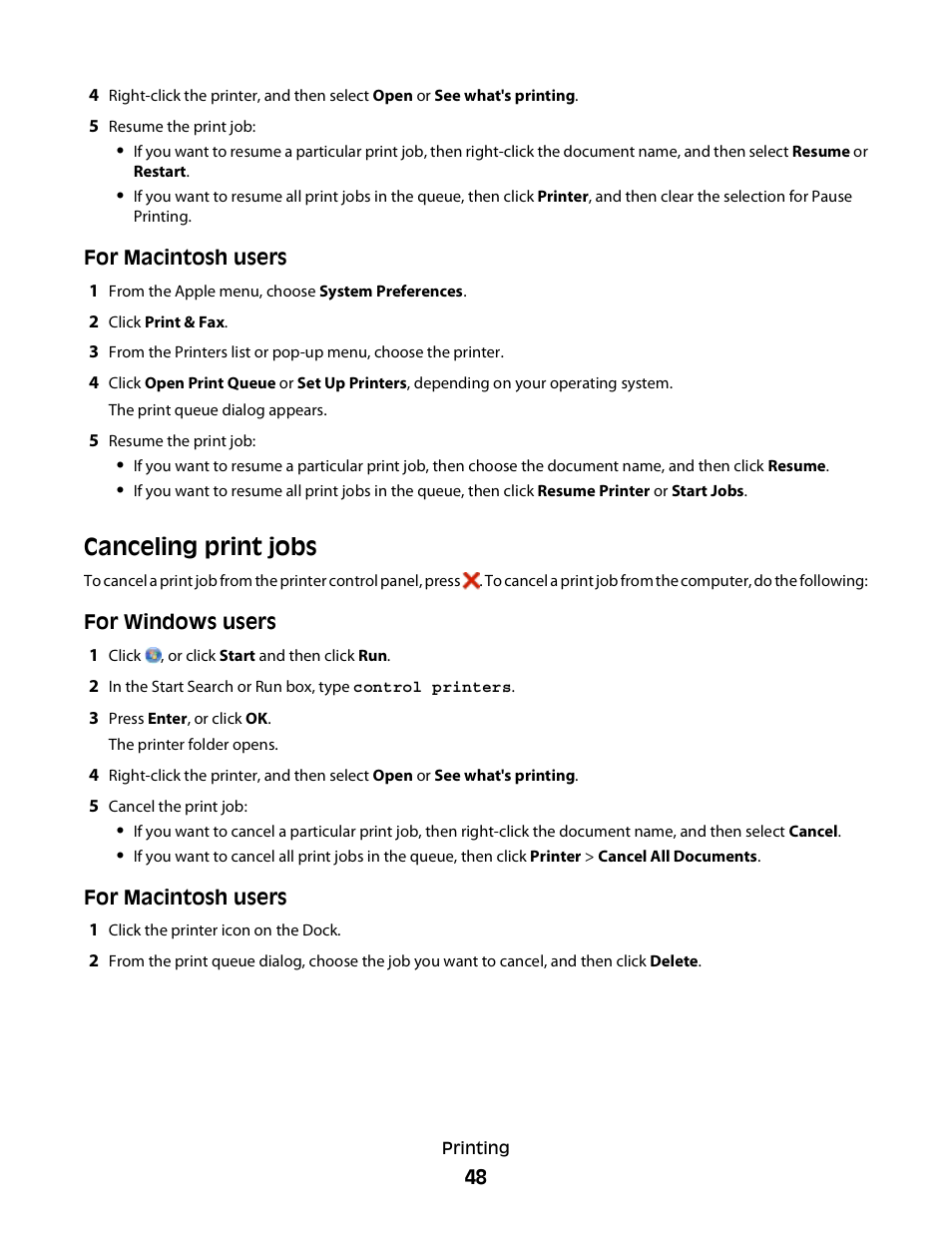 Canceling print jobs | Dell P513w All In One Photo Printer User Manual | Page 48 / 134