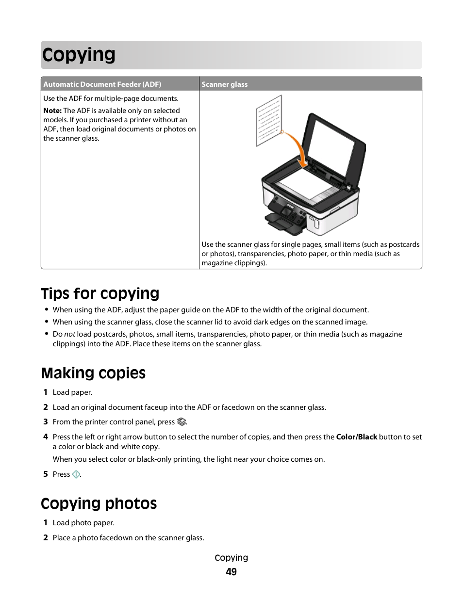 Copying, Tips for copying, Making copies | Copying photos | Dell P513w All In One Photo Printer User Manual | Page 49 / 134