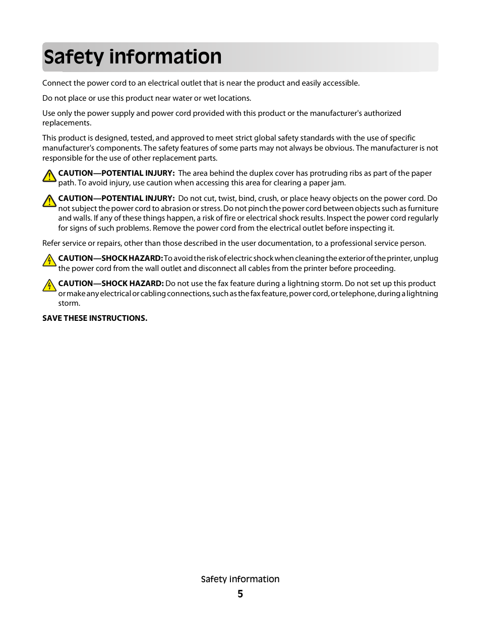 Safety information | Dell P513w All In One Photo Printer User Manual | Page 5 / 134