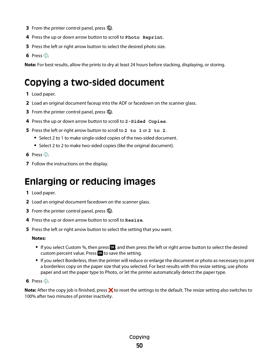 Copying a two-sided document, Enlarging or reducing images | Dell P513w All In One Photo Printer User Manual | Page 50 / 134