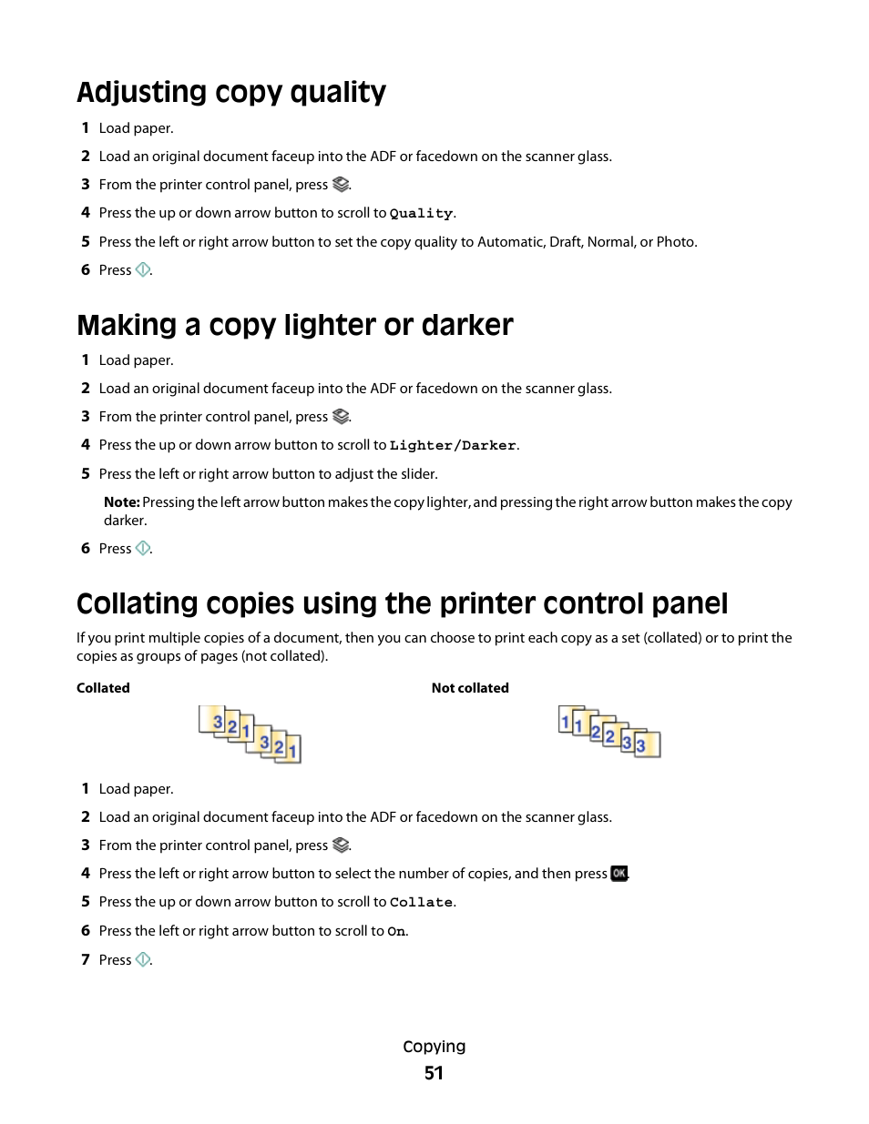 Adjusting copy quality, Making a copy lighter or darker, Collating copies using the printer control panel | Dell P513w All In One Photo Printer User Manual | Page 51 / 134