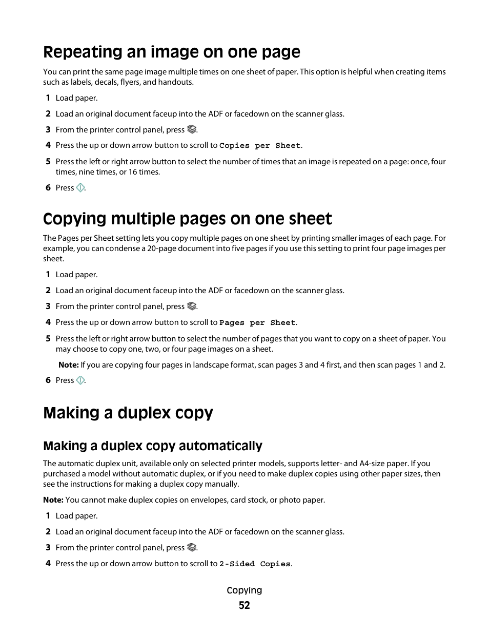 Making a duplex copy, Making a duplex copy automatically, Repeating an image on one page | Copying multiple pages on one sheet | Dell P513w All In One Photo Printer User Manual | Page 52 / 134