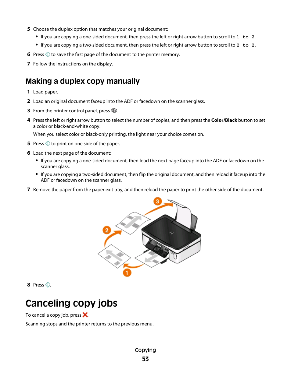 Making a duplex copy manually, Canceling copy jobs | Dell P513w All In One Photo Printer User Manual | Page 53 / 134