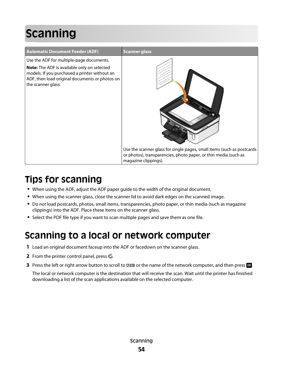 Scanning, Tips for scanning, Scanning to a local or network computer | Dell P513w All In One Photo Printer User Manual | Page 54 / 134