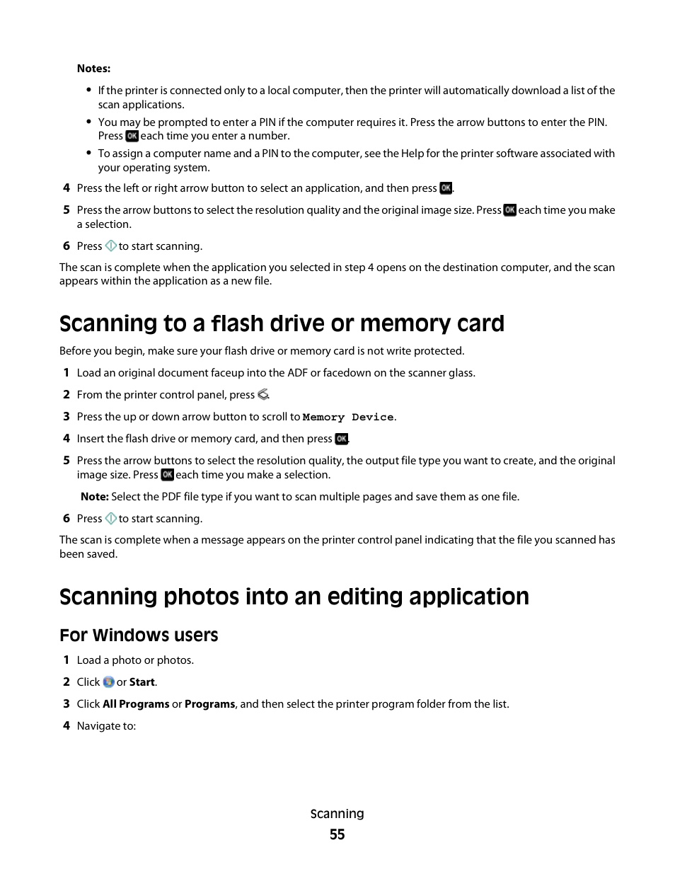 Scanning to a flash drive or memory card, Scanning photos into an editing application, For windows users | Dell P513w All In One Photo Printer User Manual | Page 55 / 134