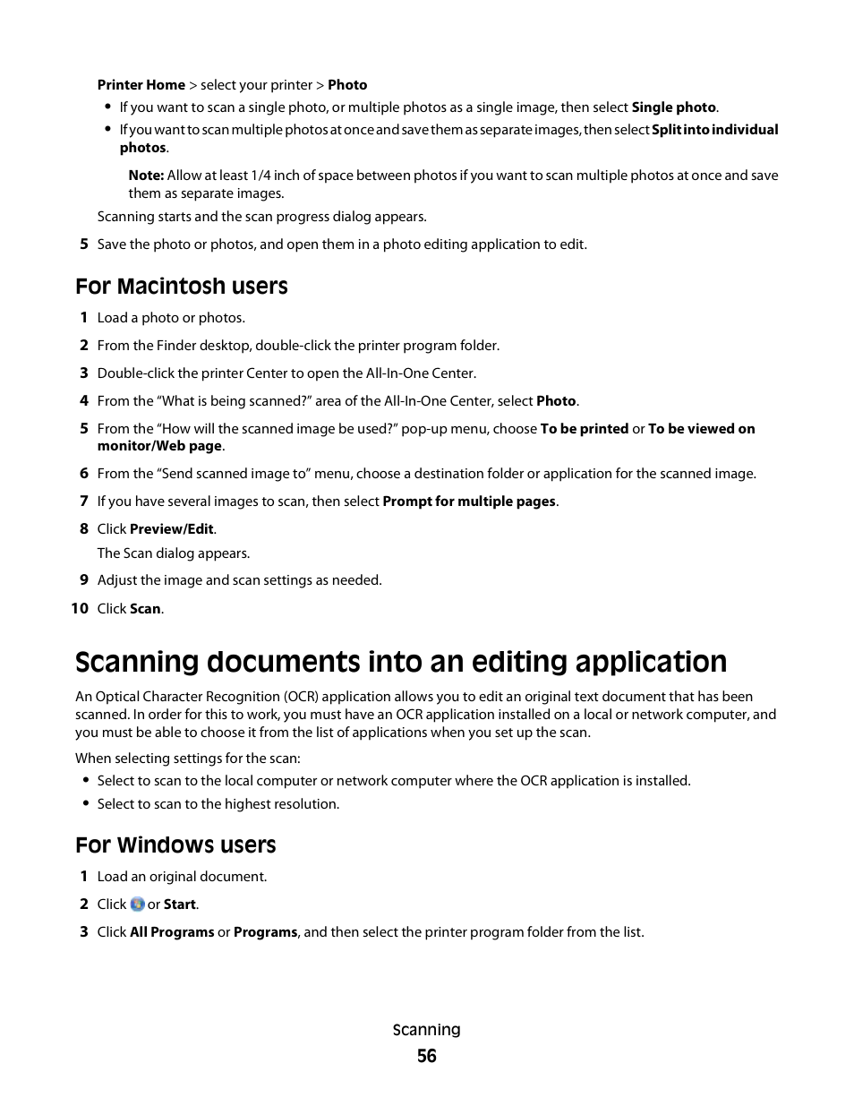 Scanning documents into an editing application, For macintosh users, For windows users | Dell P513w All In One Photo Printer User Manual | Page 56 / 134