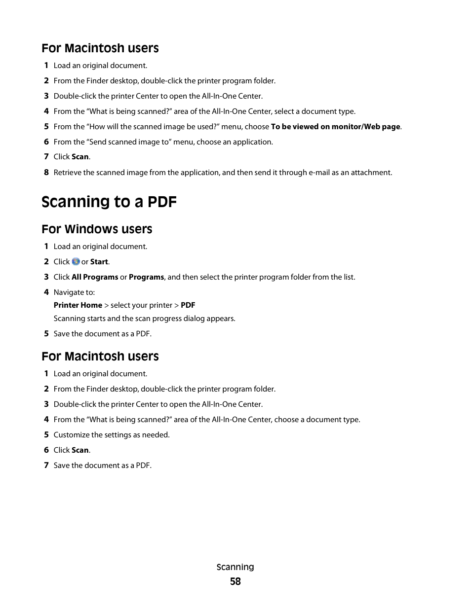 Scanning to a pdf, For macintosh users, For windows users | Dell P513w All In One Photo Printer User Manual | Page 58 / 134