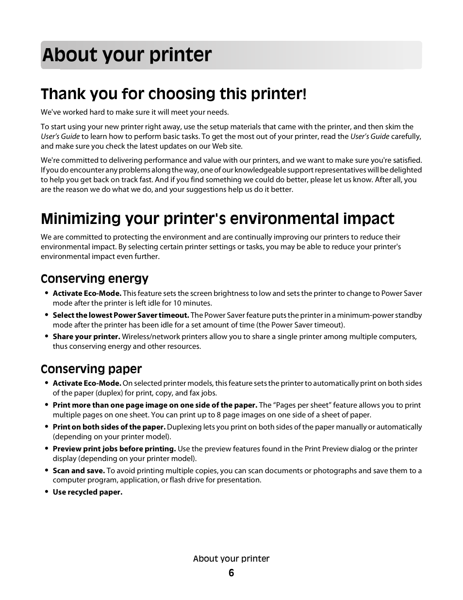 About your printer, Thank you for choosing this printer, Minimizing your printer's environmental impact | Conserving energy, Conserving paper | Dell P513w All In One Photo Printer User Manual | Page 6 / 134
