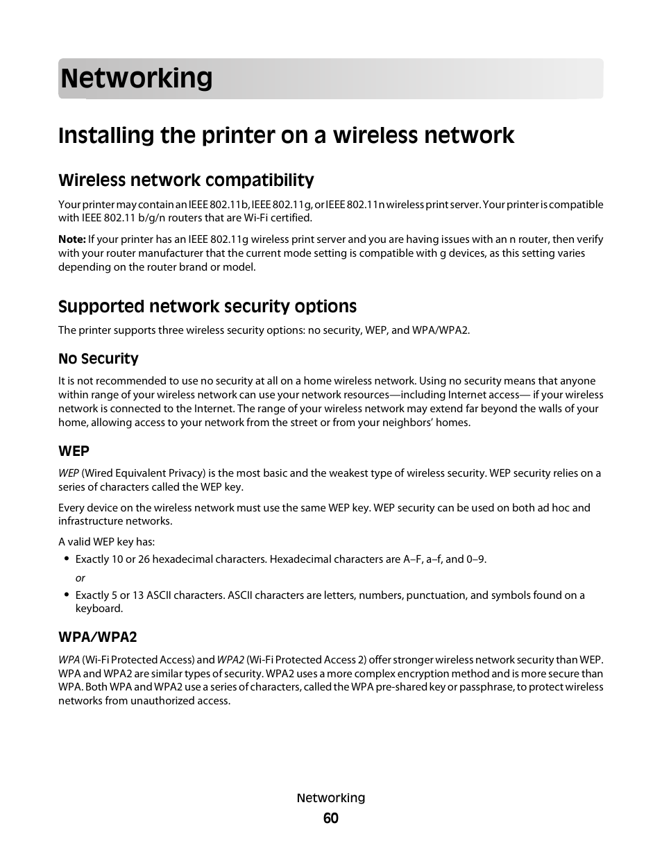 Networking, Installing the printer on a wireless network, Wireless network compatibility | Supported network security options | Dell P513w All In One Photo Printer User Manual | Page 60 / 134