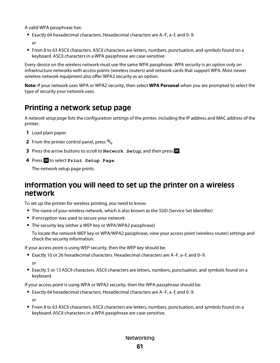 Printing a network setup page | Dell P513w All In One Photo Printer User Manual | Page 61 / 134