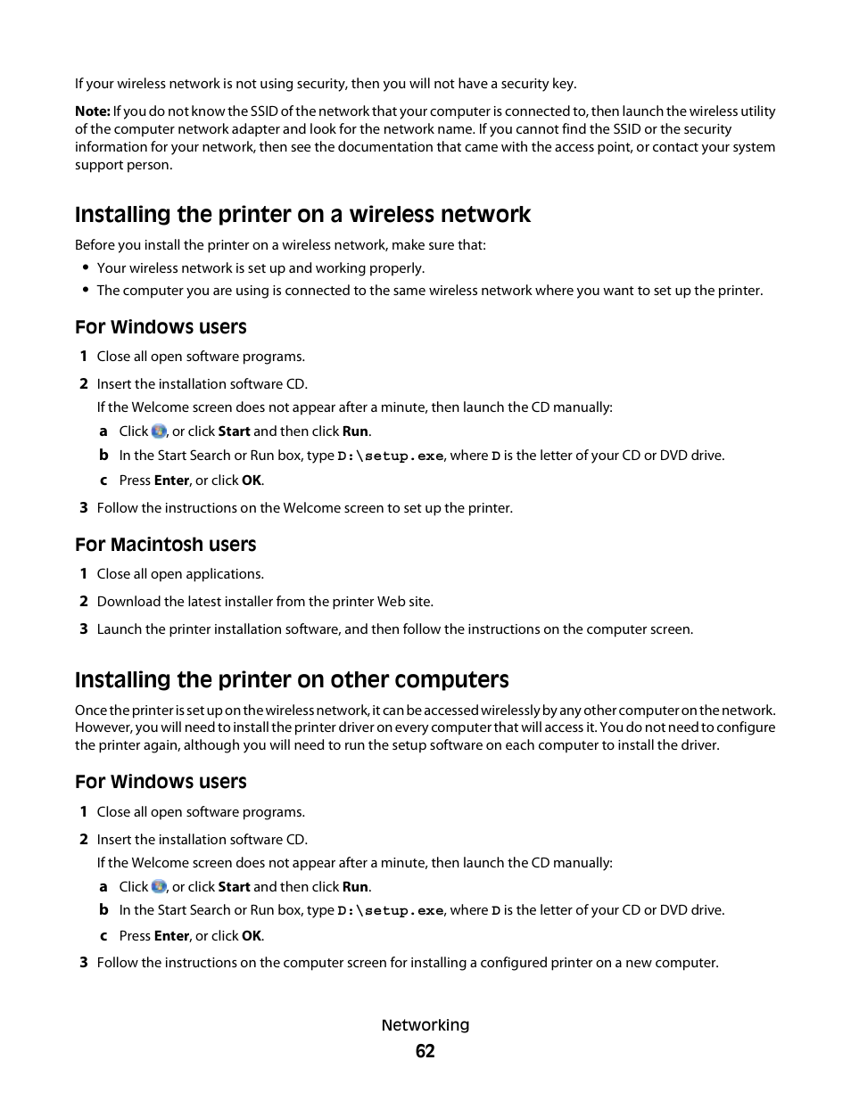 Installing the printer on a wireless network, Installing the printer on other computers | Dell P513w All In One Photo Printer User Manual | Page 62 / 134