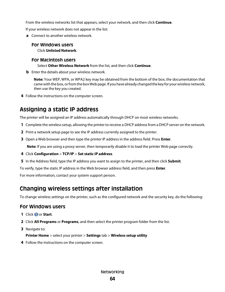 Assigning a static ip address, Changing wireless settings after installation | Dell P513w All In One Photo Printer User Manual | Page 64 / 134