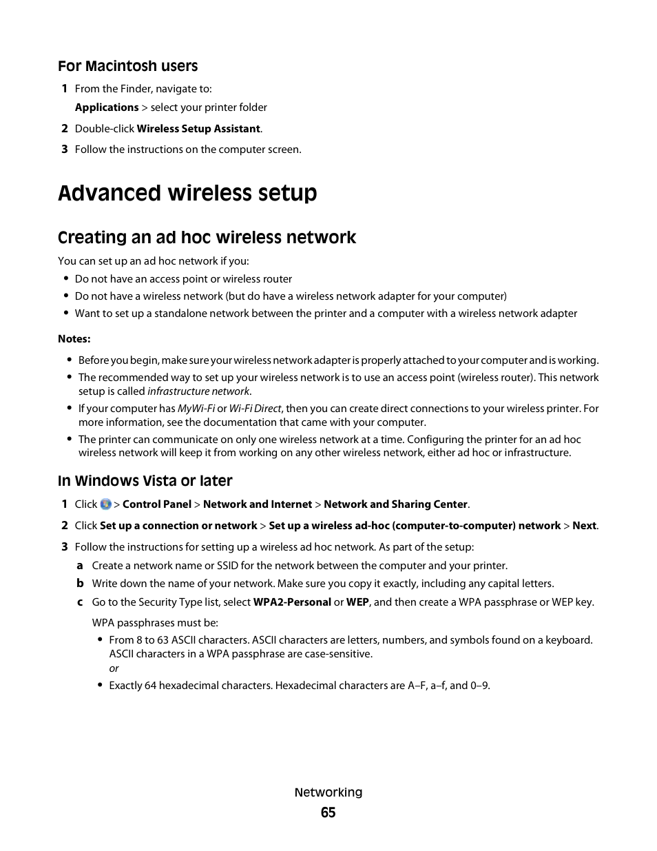 Advanced wireless setup, Creating an ad hoc wireless network | Dell P513w All In One Photo Printer User Manual | Page 65 / 134