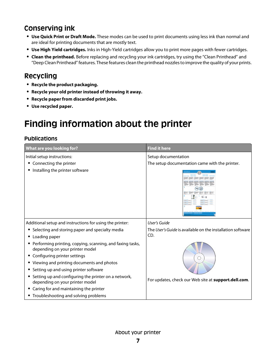 Finding information about the printer, Conserving ink, Recycling | Dell P513w All In One Photo Printer User Manual | Page 7 / 134