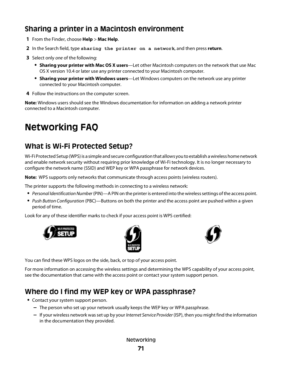 Sharing a printer in a macintosh environment, Networking faq, What is wi-fi protected setup | Where do i find my wep key or wpa passphrase | Dell P513w All In One Photo Printer User Manual | Page 71 / 134