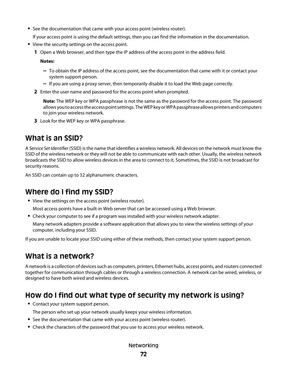 What is an ssid, Where do i find my ssid, What is a network | Dell P513w All In One Photo Printer User Manual | Page 72 / 134