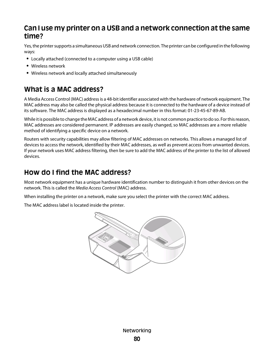 What is a mac address, How do i find the mac address | Dell P513w All In One Photo Printer User Manual | Page 80 / 134