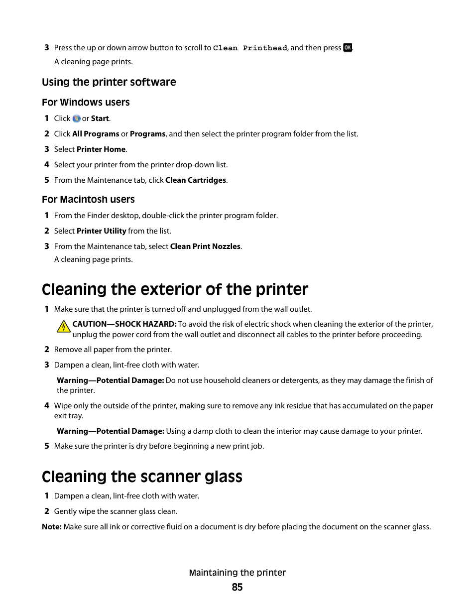 Cleaning the exterior of the printer, Cleaning the scanner glass | Dell P513w All In One Photo Printer User Manual | Page 85 / 134