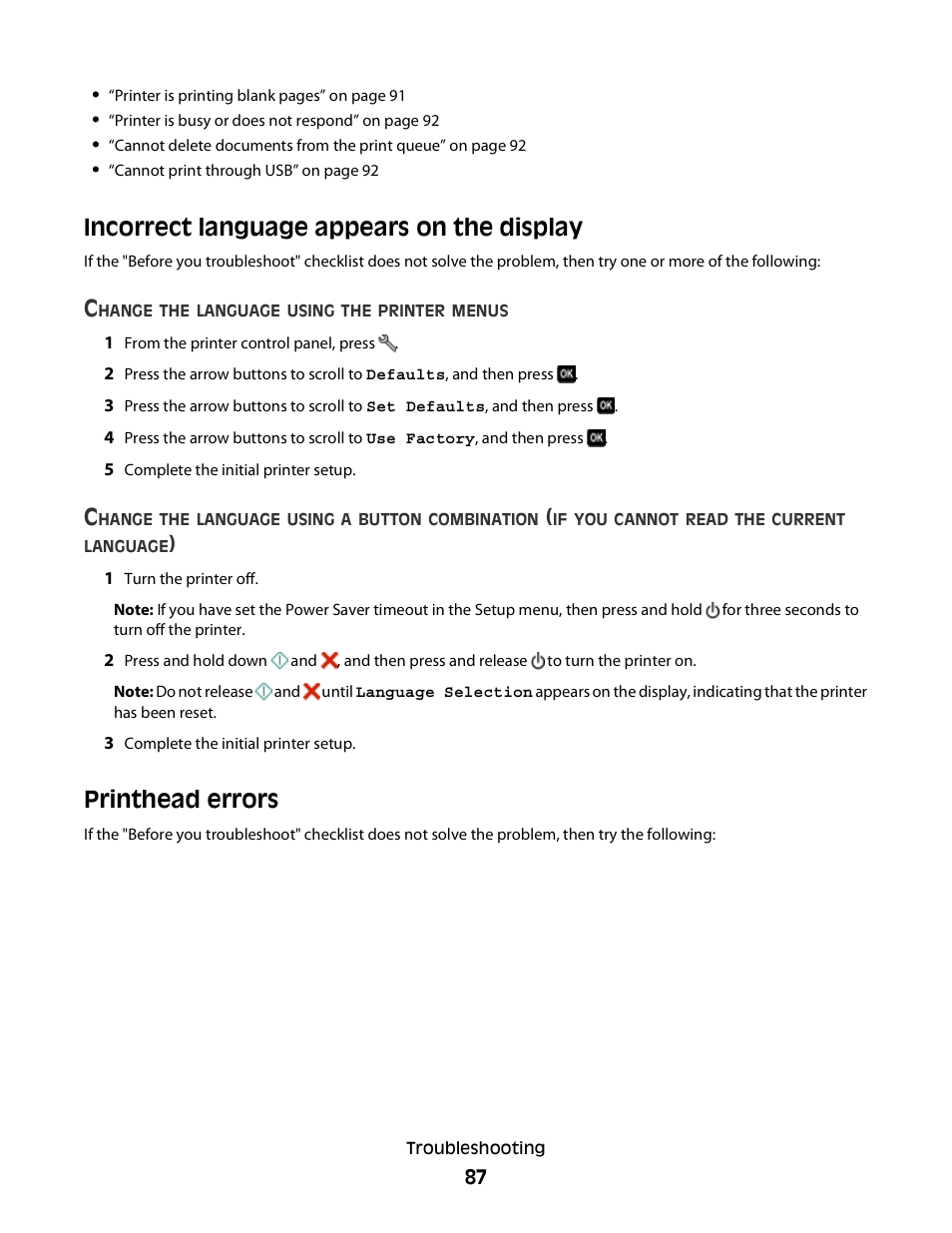 Incorrect language appears on the display, Printhead errors | Dell P513w All In One Photo Printer User Manual | Page 87 / 134
