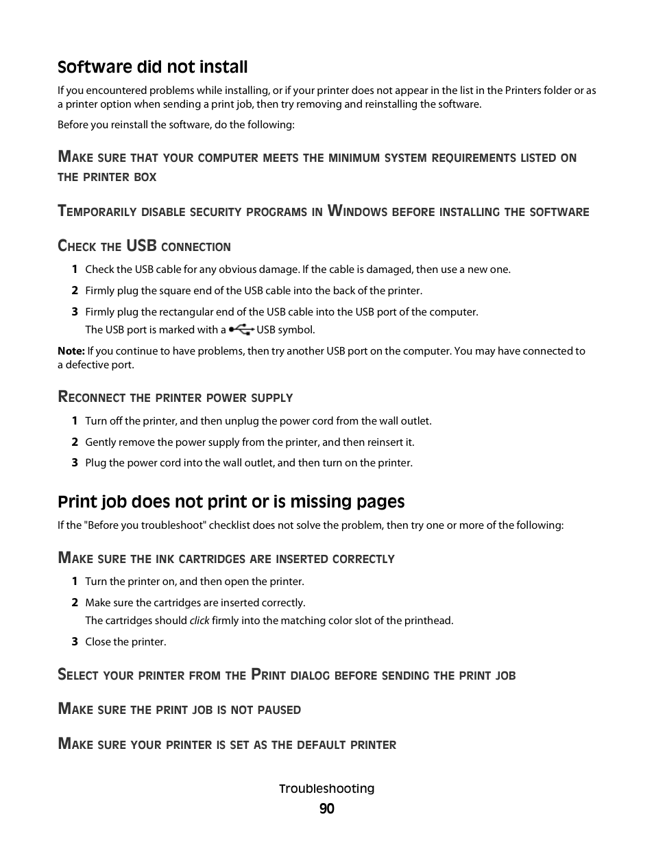 Software did not install, Print job does not print or is missing pages | Dell P513w All In One Photo Printer User Manual | Page 90 / 134