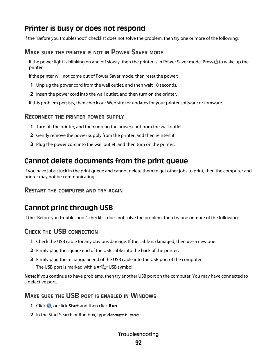 Printer is busy or does not respond, Cannot delete documents from the print queue, Cannot print through usb | Dell P513w All In One Photo Printer User Manual | Page 92 / 134