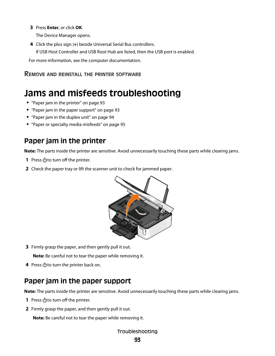 Jams and misfeeds troubleshooting, Paper jam in the printer, Paper jam in the paper support | Dell P513w All In One Photo Printer User Manual | Page 93 / 134