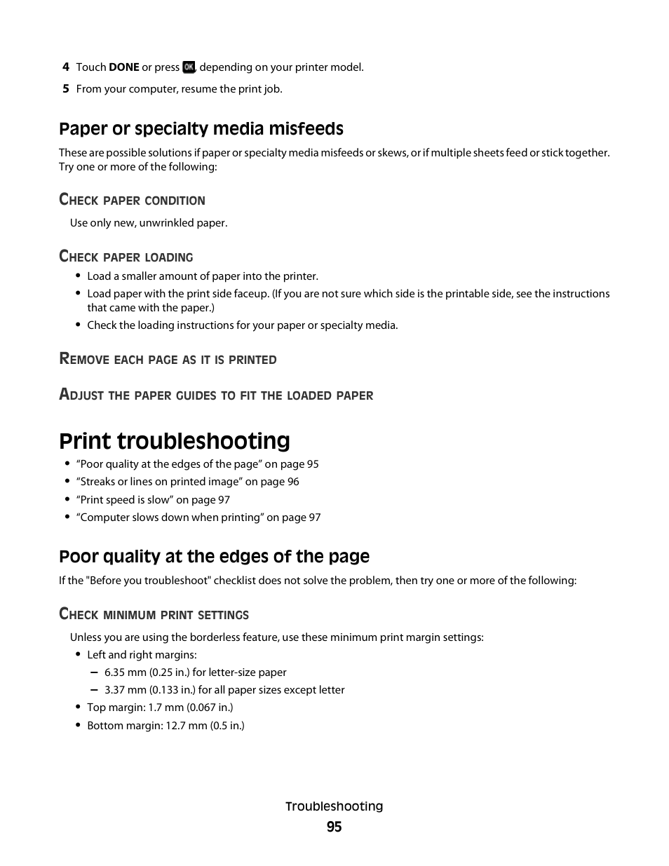 Paper or specialty media misfeeds, Print troubleshooting, Poor quality at the edges of the page | Dell P513w All In One Photo Printer User Manual | Page 95 / 134