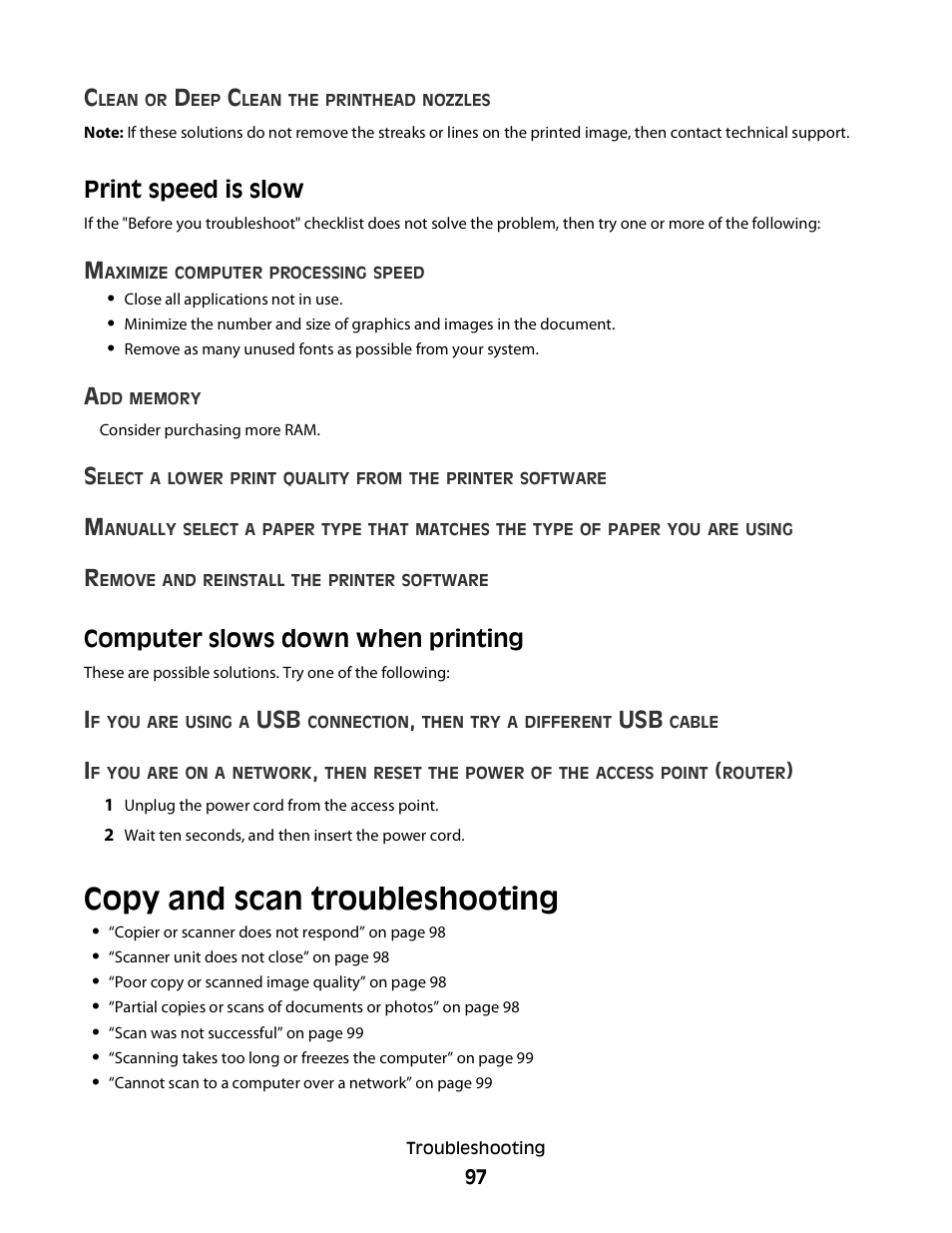 Print speed is slow, Computer slows down when printing, Copy and scan troubleshooting | Dell P513w All In One Photo Printer User Manual | Page 97 / 134