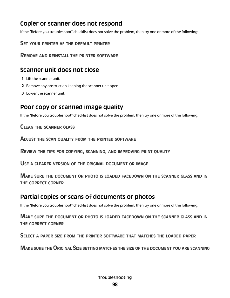 Copier or scanner does not respond, Scanner unit does not close, Poor copy or scanned image quality | Partial copies or scans of documents or photos | Dell P513w All In One Photo Printer User Manual | Page 98 / 134