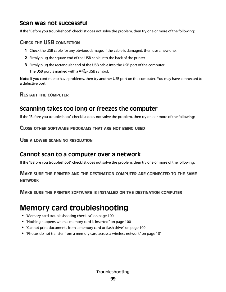 Scan was not successful, Scanning takes too long or freezes the computer, Cannot scan to a computer over a network | Memory card troubleshooting | Dell P513w All In One Photo Printer User Manual | Page 99 / 134