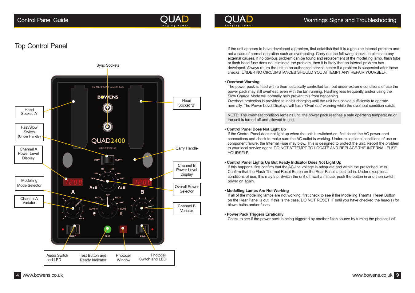 Top control panel | Bowens QUAD2400 User Manual | Page 4 / 6