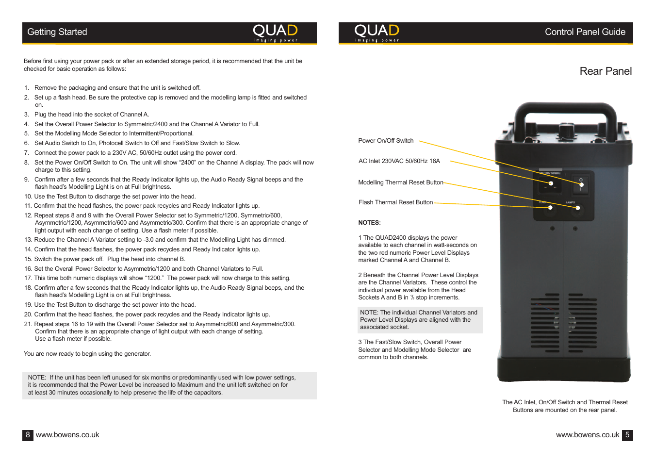 Rear panel, Getting started control panel guide | Bowens QUAD2400 User Manual | Page 5 / 6
