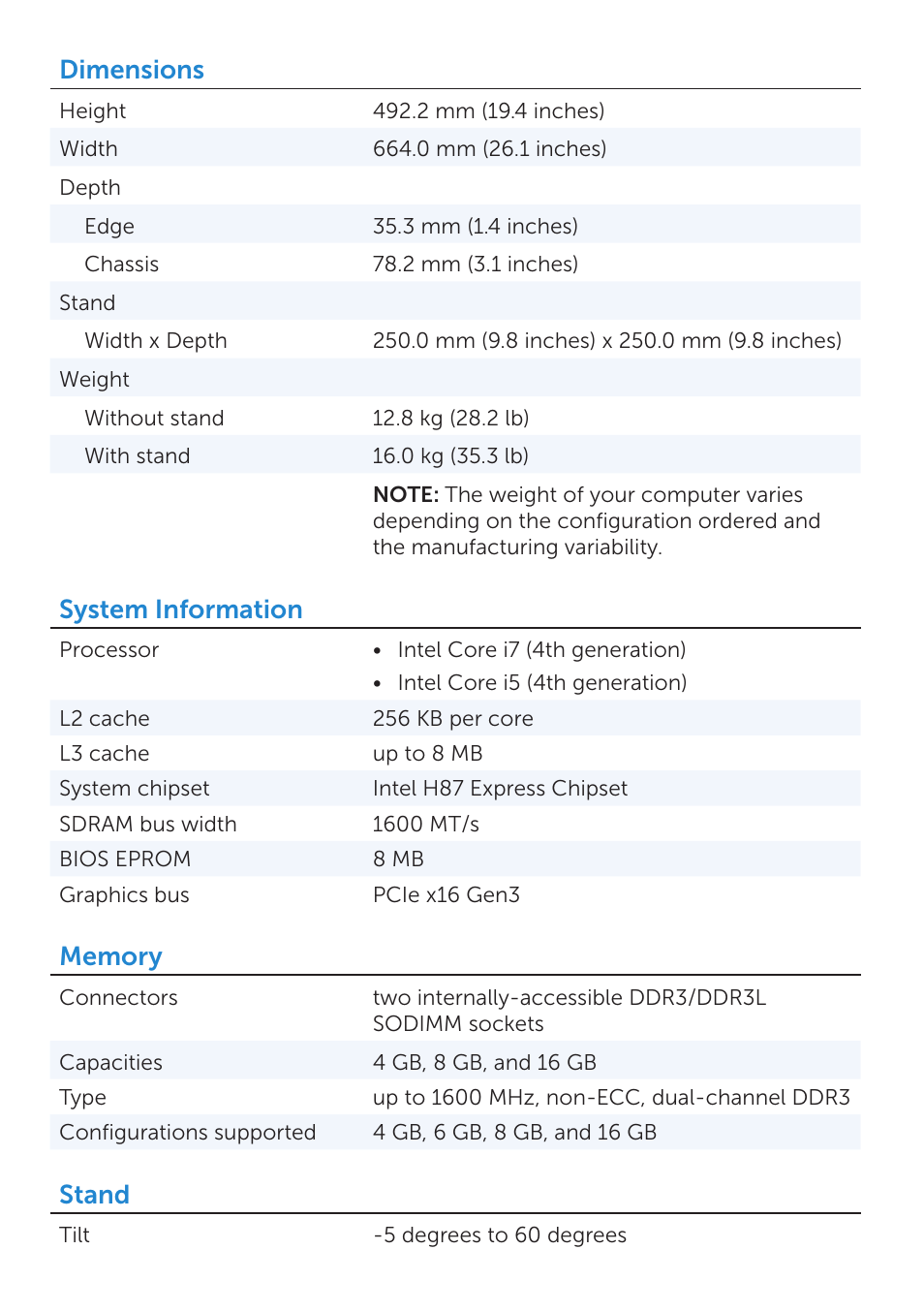 Dimensions, System information, Stand | Dell XPS One 2720 (Mid 2013) User Manual | Page 2 / 6
