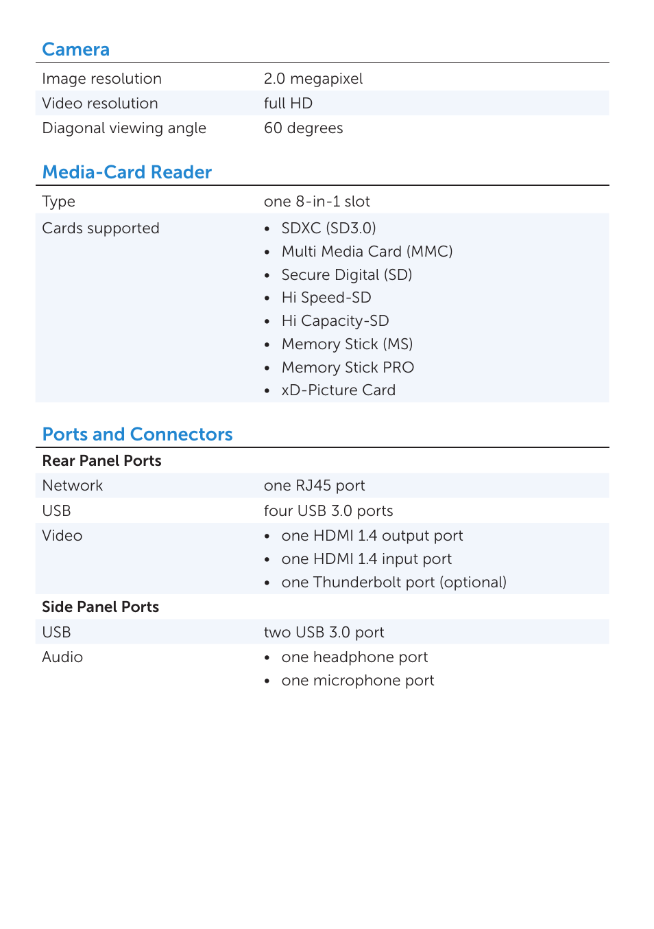 Camera, Media-card reader, Ports and connectors | Dell XPS One 2720 (Mid 2013) User Manual | Page 3 / 6