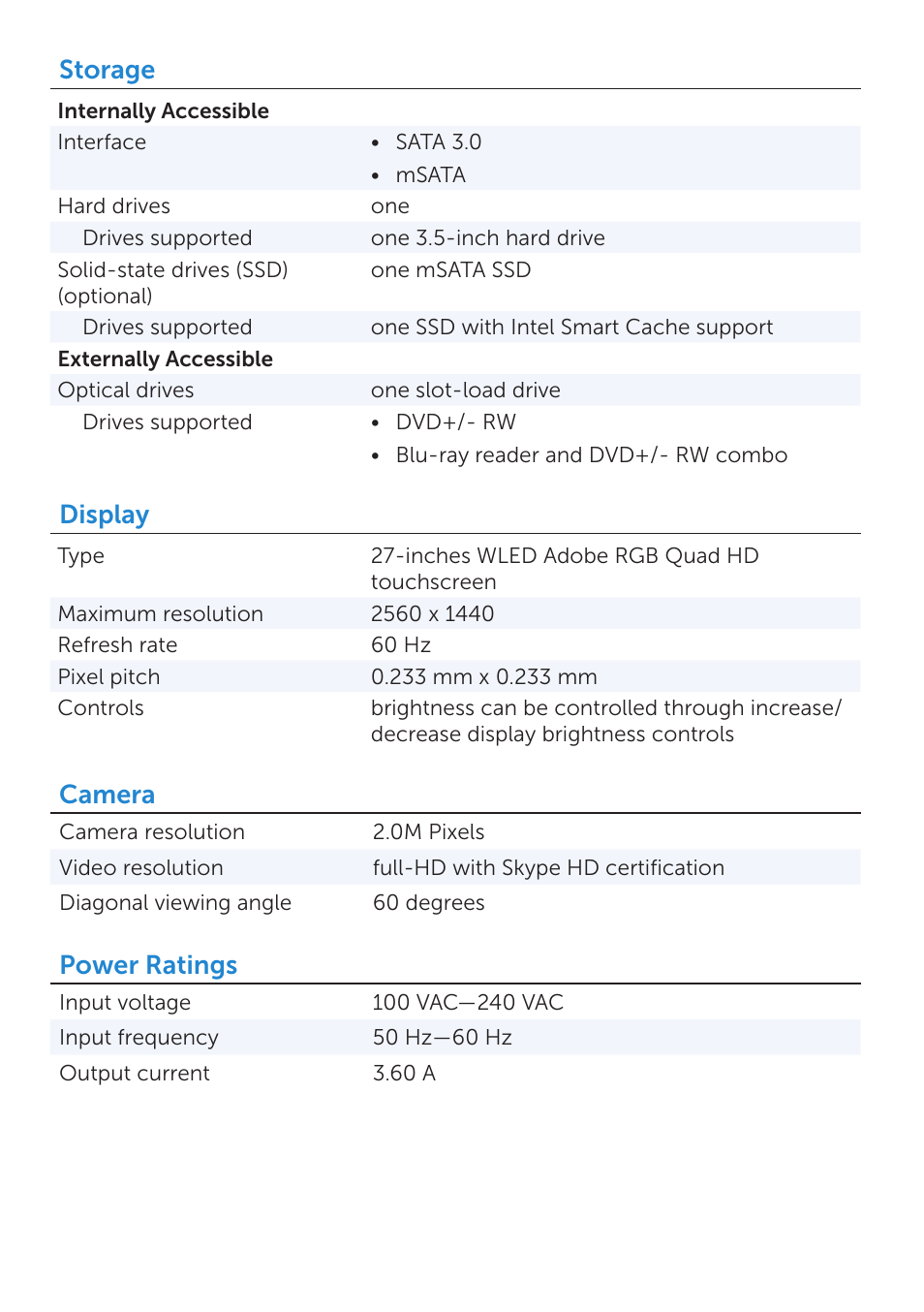 Storage, Display, Camera | Power ratings | Dell XPS One 2720 (Mid 2013) User Manual | Page 5 / 6