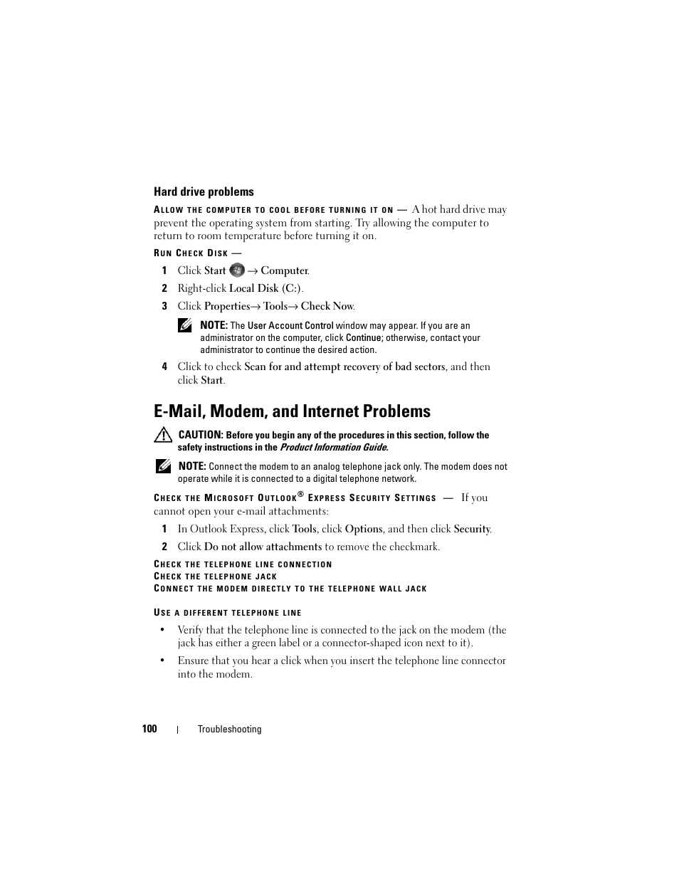 Hard drive problems, E-mail, modem, and internet problems | Dell Inspiron 1420 (Mid 2007) User Manual | Page 100 / 210