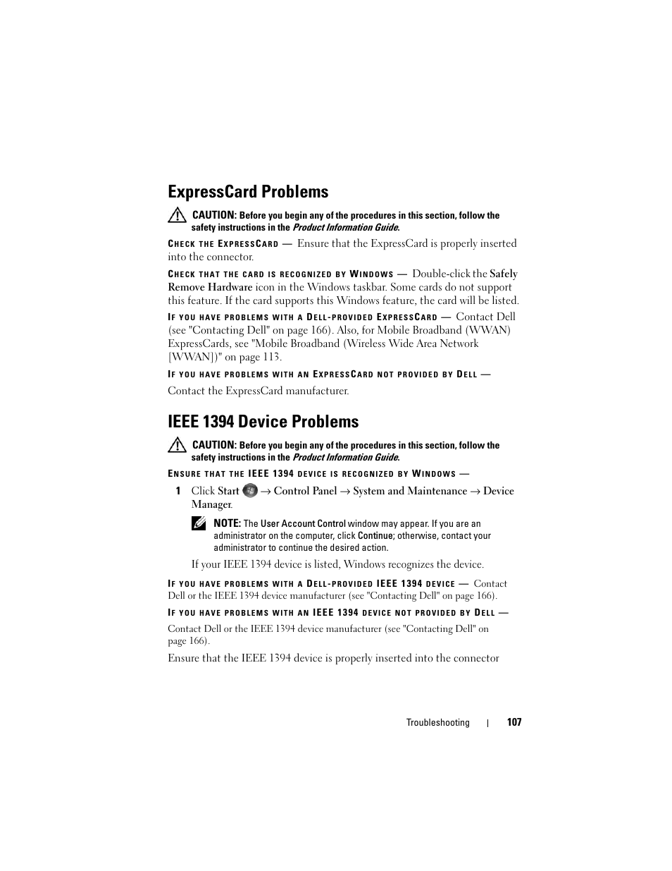 Expresscard problems, Ieee 1394 device problems | Dell Inspiron 1420 (Mid 2007) User Manual | Page 107 / 210