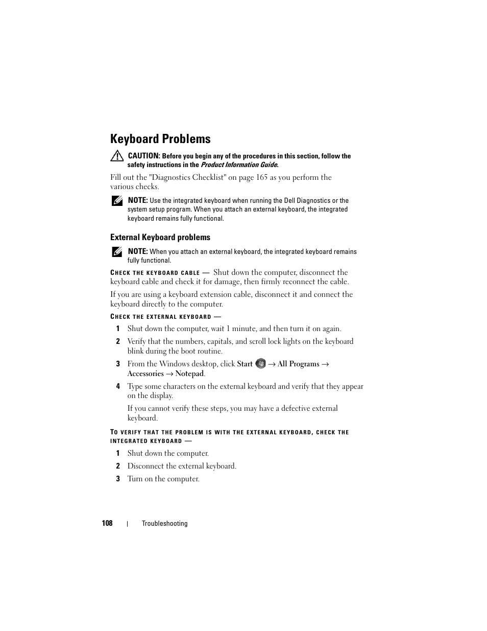 Keyboard problems, External keyboard problems | Dell Inspiron 1420 (Mid 2007) User Manual | Page 108 / 210