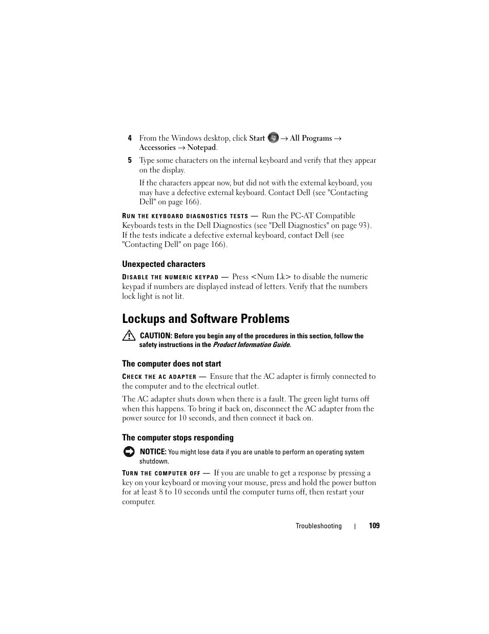 Unexpected characters, Lockups and software problems, The computer does not start | The computer stops responding | Dell Inspiron 1420 (Mid 2007) User Manual | Page 109 / 210