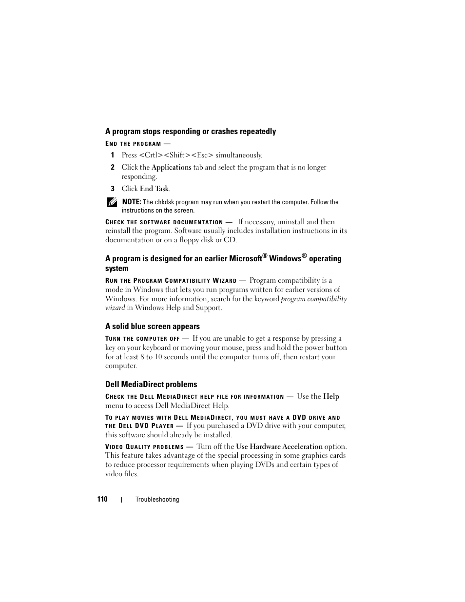 A program stops responding or crashes repeatedly, A solid blue screen appears, Dell mediadirect problems | A program is designed for an earlier microsoft, Windows, Operating system | Dell Inspiron 1420 (Mid 2007) User Manual | Page 110 / 210