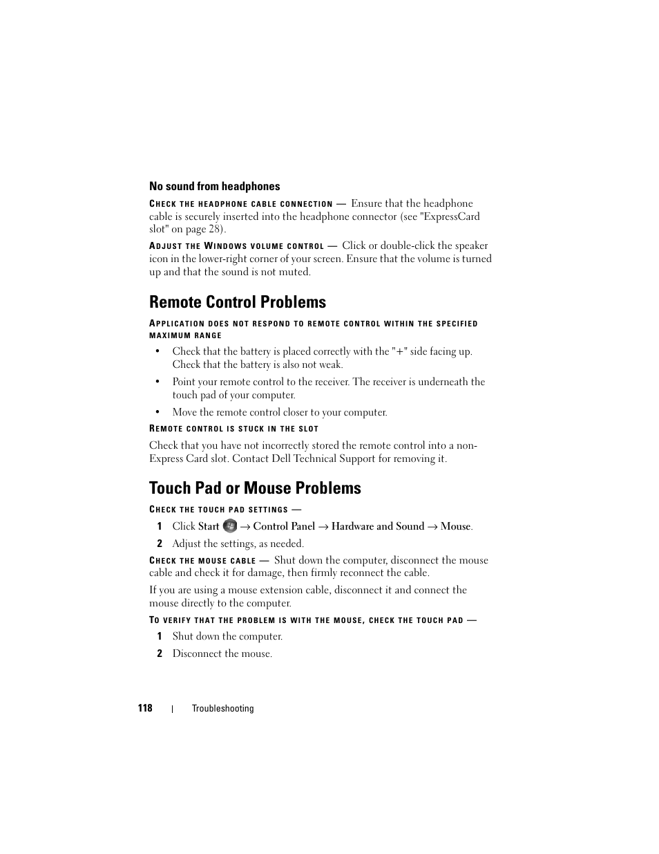 No sound from headphones, Remote control problems, Touch pad or mouse problems | Dell Inspiron 1420 (Mid 2007) User Manual | Page 118 / 210