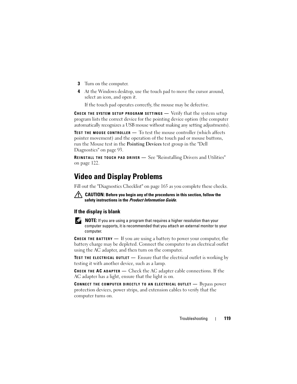 Video and display problems, If the display is blank | Dell Inspiron 1420 (Mid 2007) User Manual | Page 119 / 210