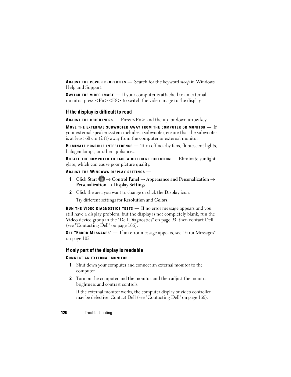 If the display is difficult to read, If only part of the display is readable | Dell Inspiron 1420 (Mid 2007) User Manual | Page 120 / 210